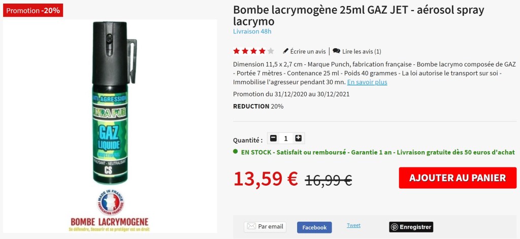 Bombe lacrymogène 25ml GAZ JET - aérosol spray lacrymo