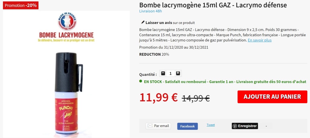 Bombe lacrymo lacrymogène GAZ 15ml de défense